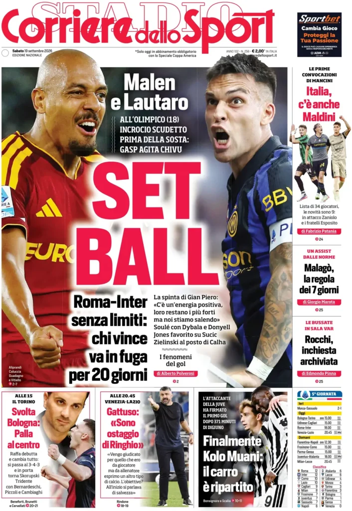 Rassegna stampa Lazio: prime pagine quotidiani sportivi - 19 settembre 2026 3 corriere dello sport 020311xiq277l