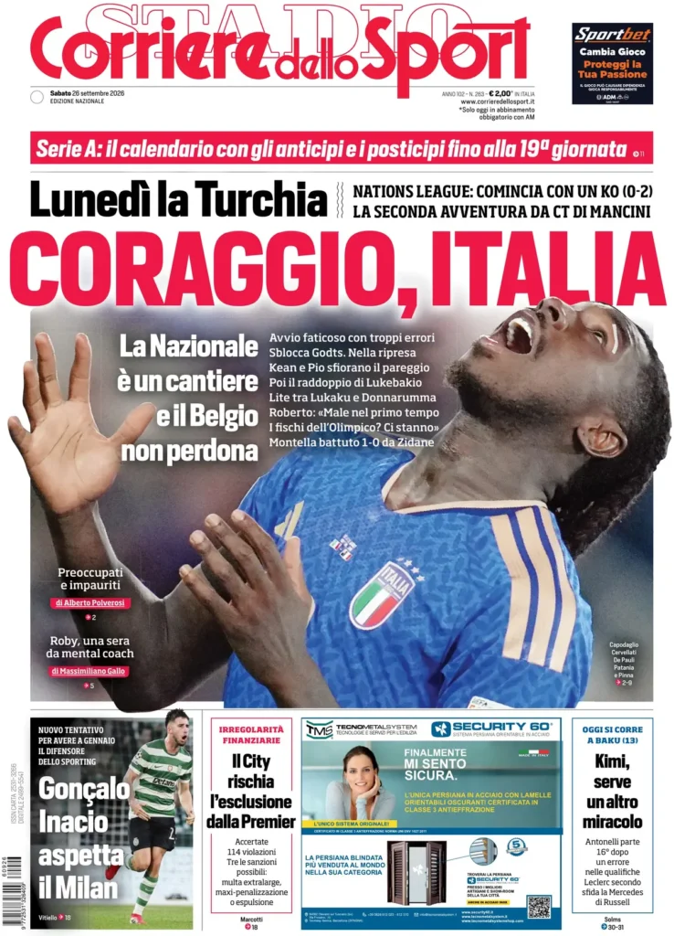 Le prime pagine dei principali quotidiani sportivi – 26 settembre 3 corriere dello sport 020312aokzxyo