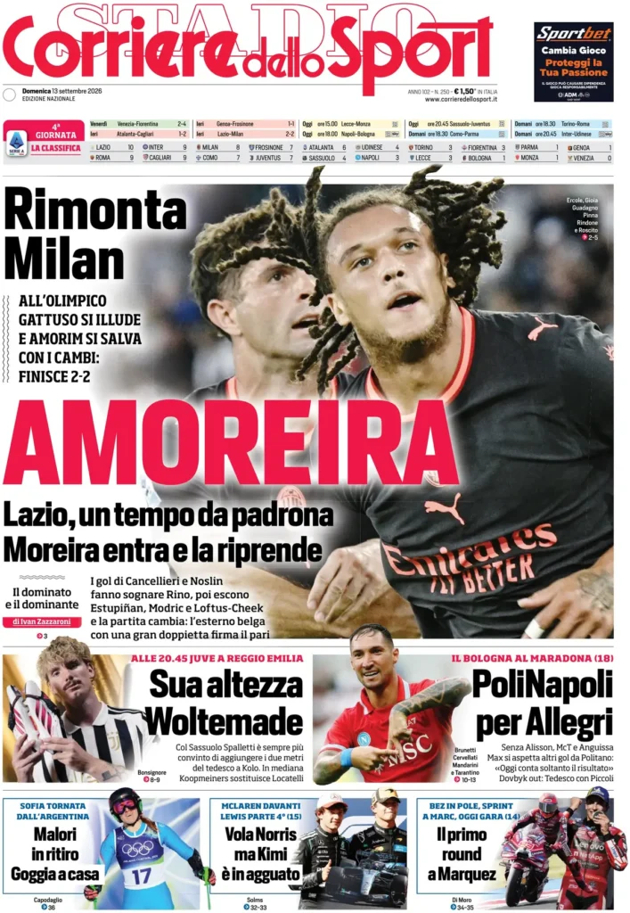 Le prime pagine dei principali quotidiani sportivi – 13 settembre 23 corriere dello sport 0204229cyd0m7