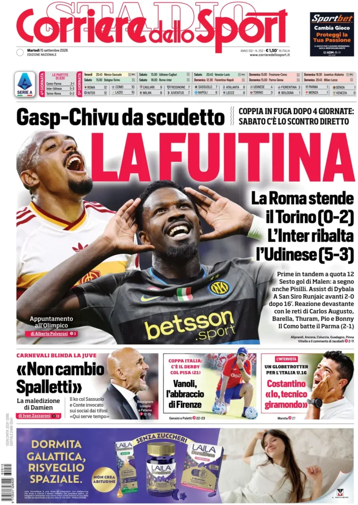 Le prime pagine dei principali quotidiani sportivi – 15 settembre 23 corriere dello sport 020425yyv9ar3