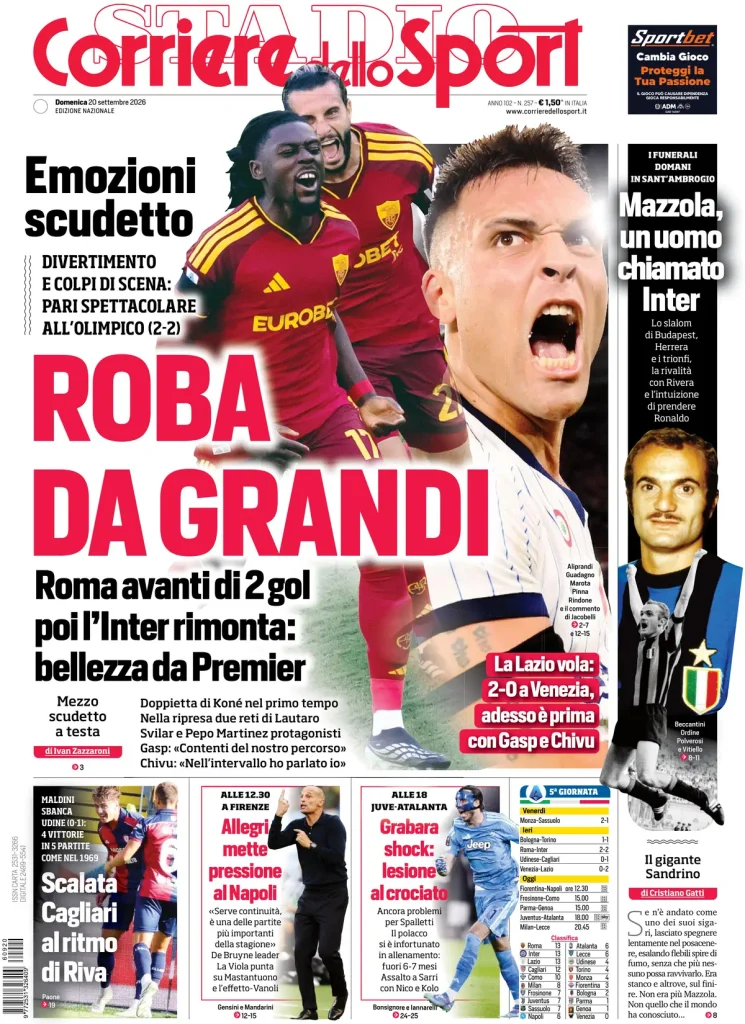 Rassegna stampa Lazio: prime pagine quotidiani sportivi - 20 settembre 2026 3 corriere dello sport 020707b97574k