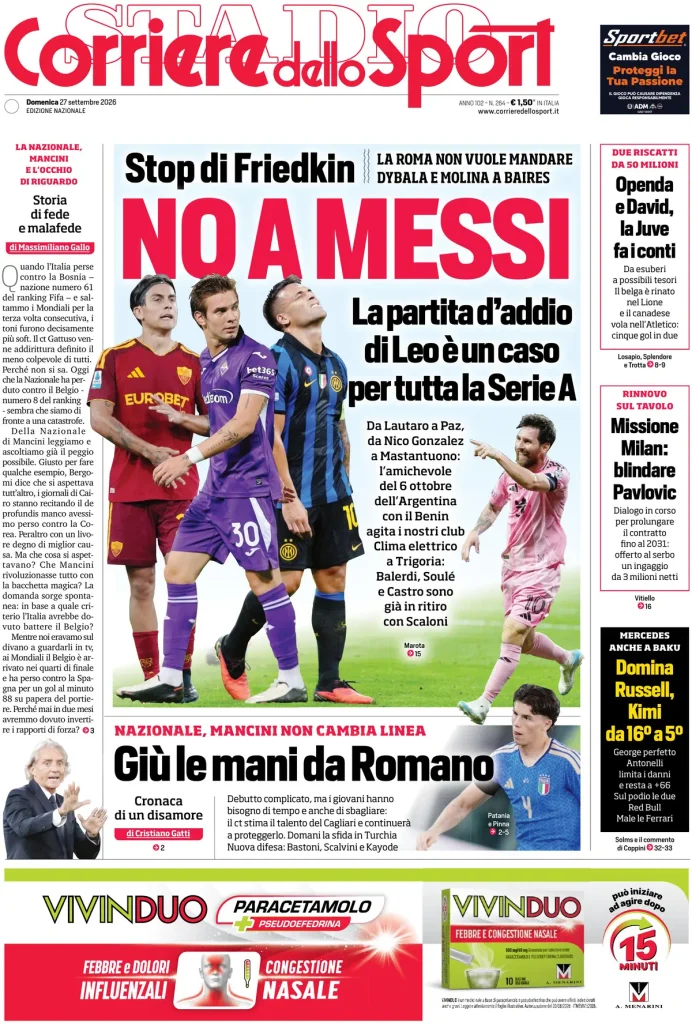 Rassegna stampa Lazio: prime pagine quotidiani sportivi - 27 settembre 2026 3 corriere dello sport 020935deac3k7