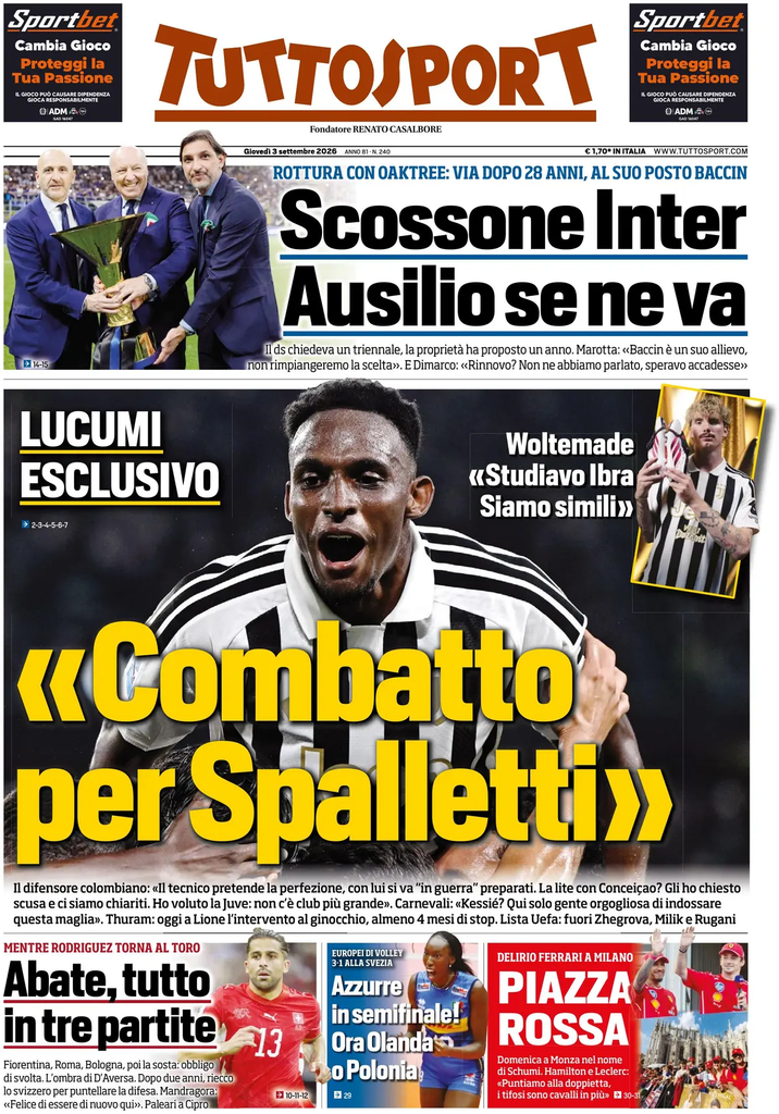 Le prime pagine dei principali quotidiani sportivi – 3 settembre 24 image 5
