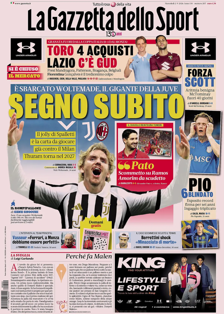 Le prime pagine dei principali quotidiani sportivi – 2 settembre 22 image