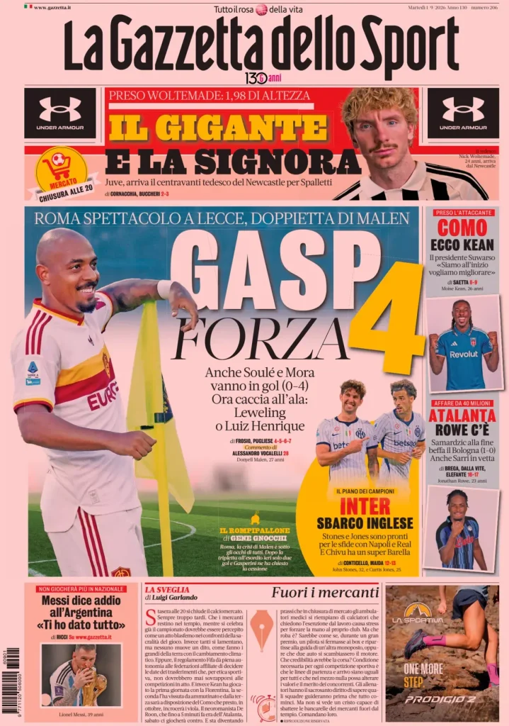 Le prime pagine dei principali quotidiani sportivi – 1 settembre 22 la gazzetta dello sport 023011mr03kxy