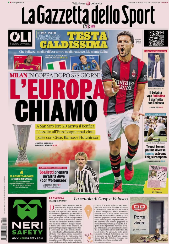 Le prime pagine dei principali quotidiani sportivi – 16 settembre 2 la gazzetta dello sport 031802qcf186d
