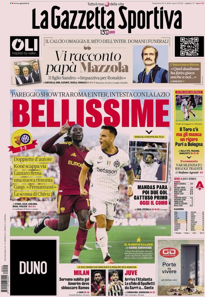 Rassegna stampa Lazio: prime pagine quotidiani sportivi - 20 settembre 2026 4 la gazzetta dello sport 031806ewo6knm