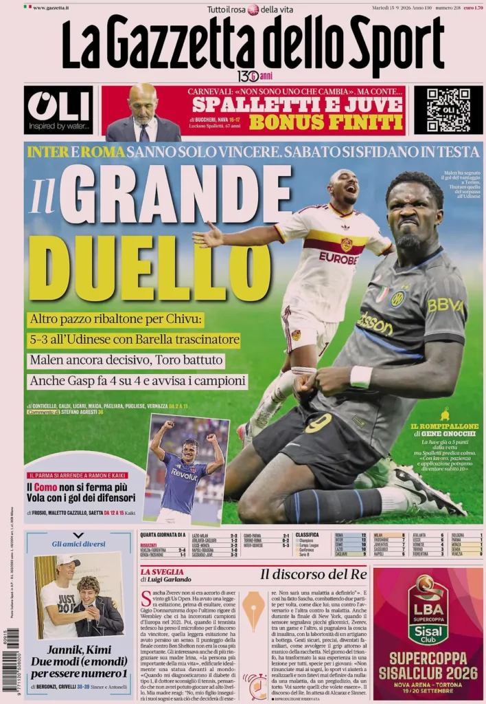 Le prime pagine dei principali quotidiani sportivi – 15 settembre 24 la gazzetta dello sport 032302dfg96mb