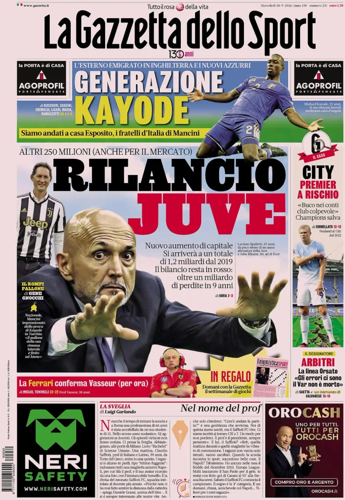 Rassegna stampa Lazio: prime pagine quotidiani sportivi - 30 settembre 2026 4 la gazzetta dello sport 032338u15ar2x