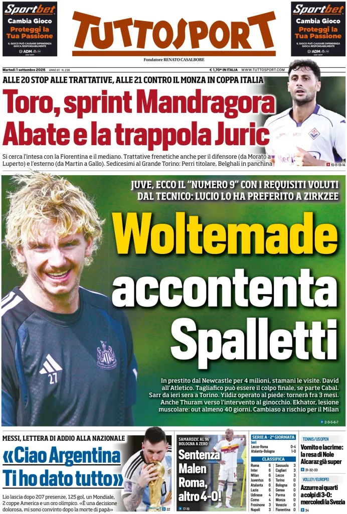Le prime pagine dei principali quotidiani sportivi – 1 settembre 24 tuttosport 020301ont4i3j