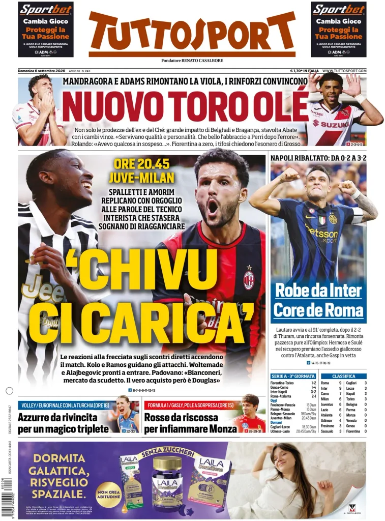 Rassegna stampa Lazio: prime pagine quotidiani sportivi - 6 settembre 2026 22 tuttosport 020301vrce3f6