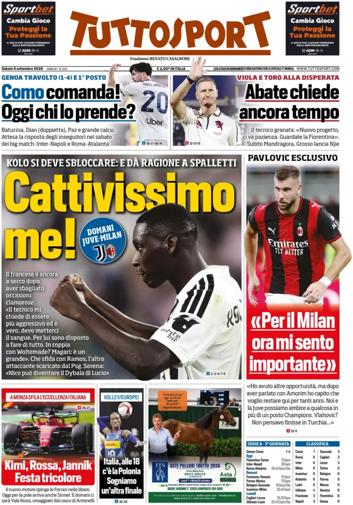 Le prime pagine dei principali quotidiani sportivi – 5 settembre 22 tuttosport 02030215t54zt