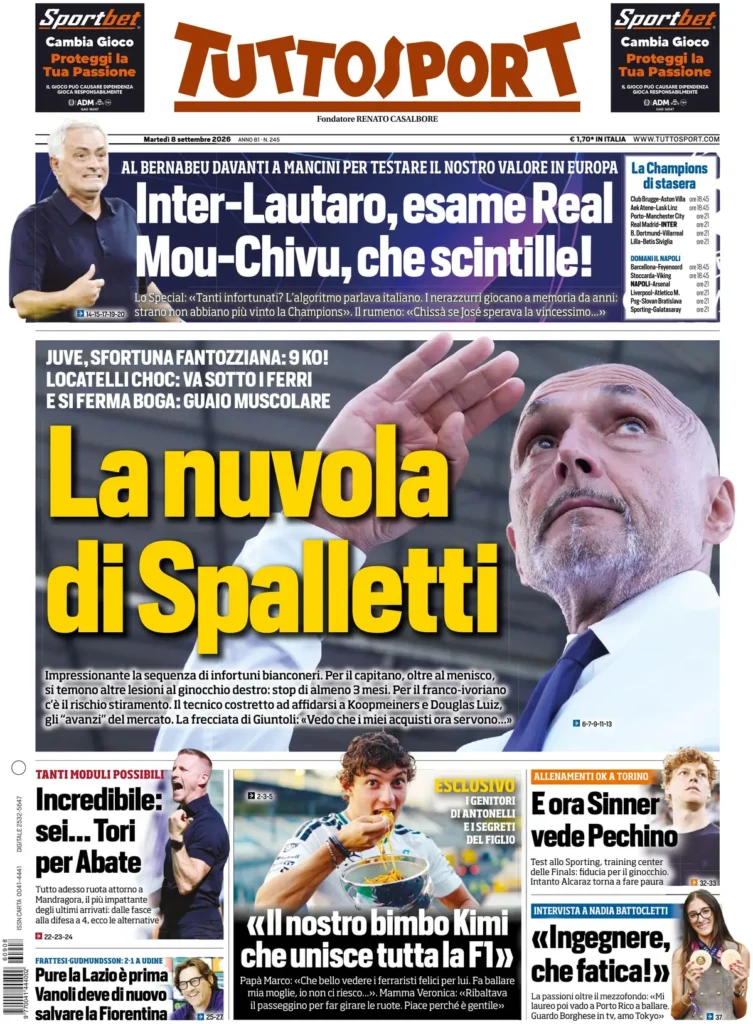 Le prime pagine dei principali quotidiani sportivi – 8 settembre 22 tuttosport 020302burbp2r