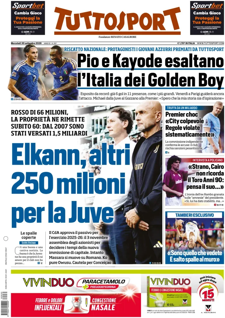 Rassegna stampa Lazio: prime pagine quotidiani sportivi - 30 settembre 2026 2 tuttosport 020303iqjc3kh