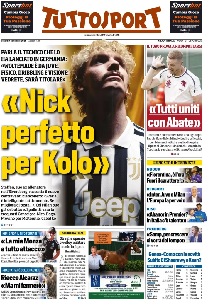 Le prime pagine dei principali quotidiani sportivi – 4 settembre 22 tuttosport 020303u5bf59r