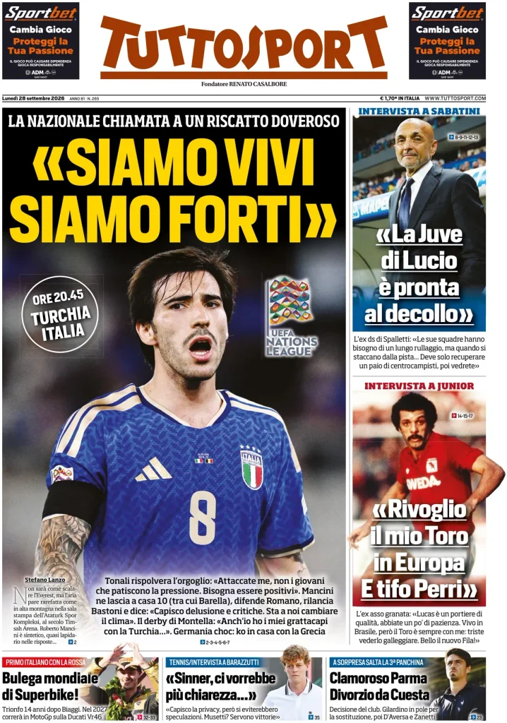 Rassegna stampa Lazio: prime pagine quotidiani sportivi - 28 settembre 2026 2 tuttosport 020307tbqblwj