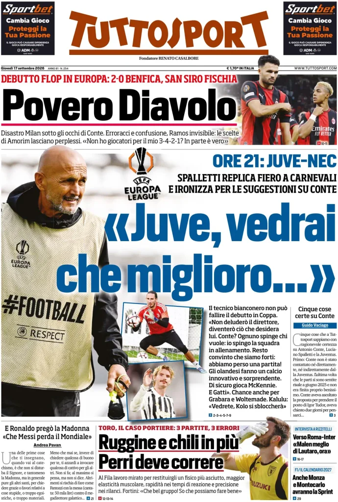 Le prime pagine dei principali quotidiani sportivi – 17 settembre 4 tuttosport 020308szqbqdf