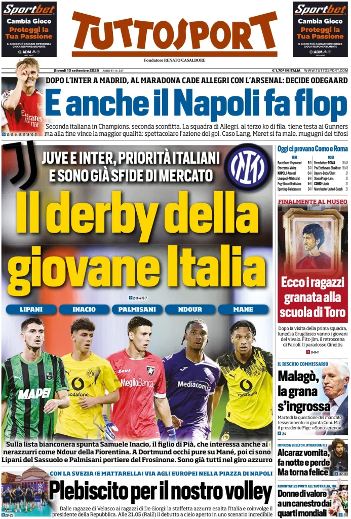 Rassegna stampa Lazio: prime pagine quotidiani sportivi - 10 settembre 2026 22 tuttosport 020802vkf60a2