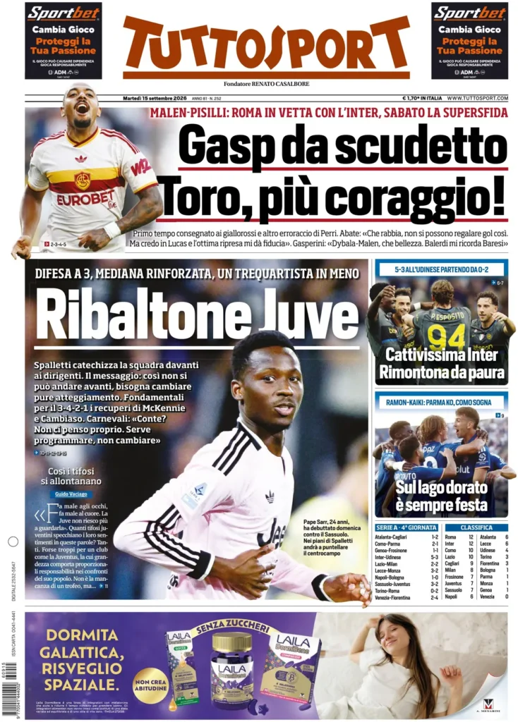 Le prime pagine dei principali quotidiani sportivi – 15 settembre 22 tuttosport 020803qbvev2o