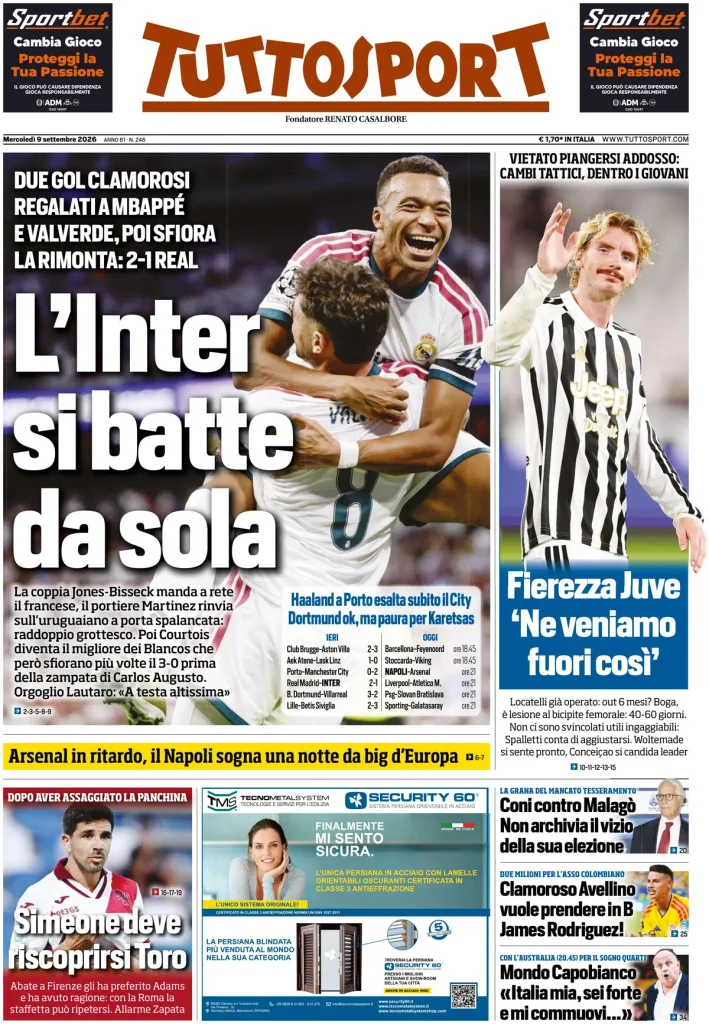 Le prime pagine dei principali quotidiani sportivi – 9 settembre 24 tuttosport 020845jed5241