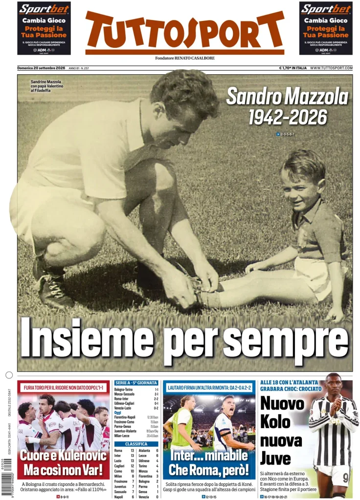 Rassegna stampa Lazio: prime pagine quotidiani sportivi - 20 settembre 2026 2 tuttosport 021211mng2x5f