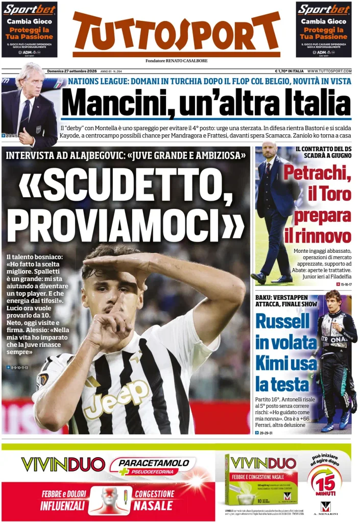 Rassegna stampa Lazio: prime pagine quotidiani sportivi - 27 settembre 2026 2 tuttosport 02122682dcgcq