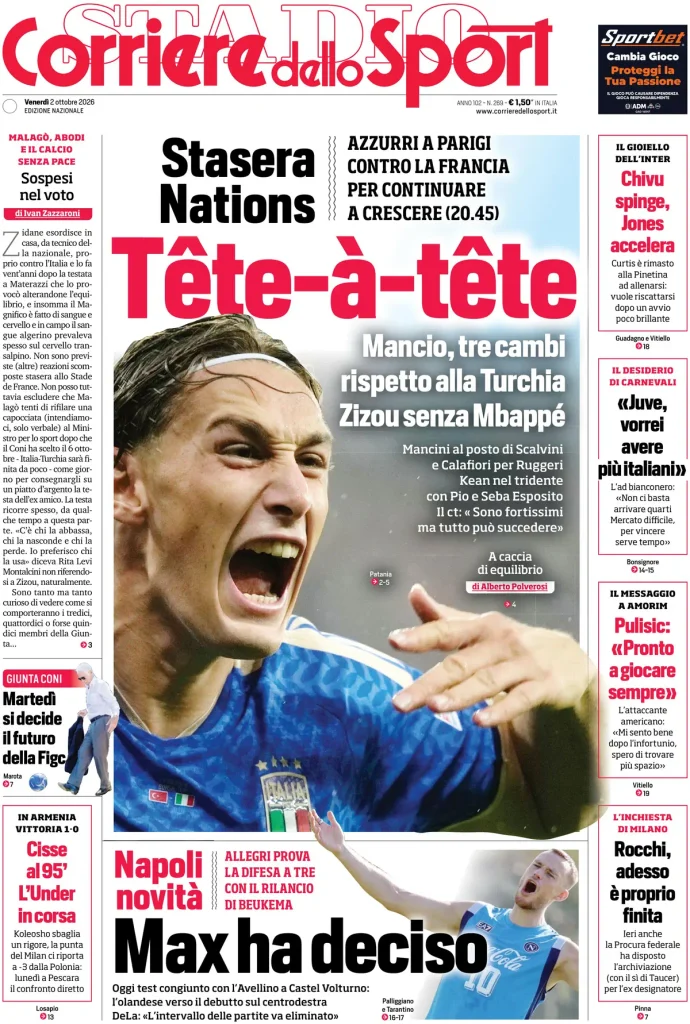 Le prime pagine dei principali quotidiani sportivi – 2 ottobre 3 corriere dello sport 020310qtr8478