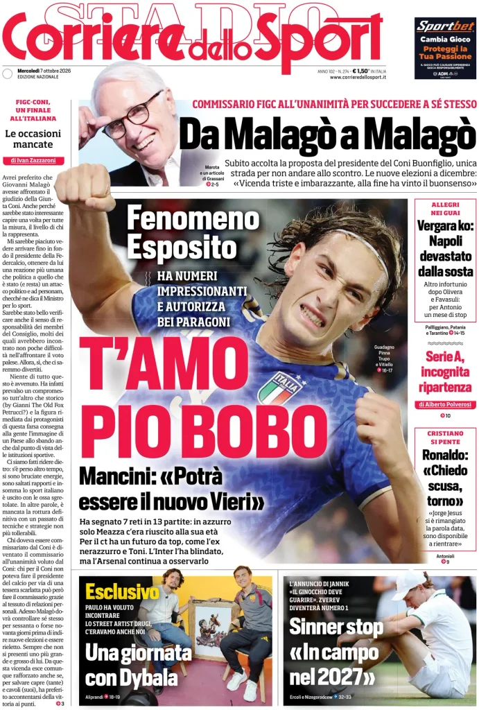 Le prime pagine dei principali quotidiani sportivi – 7 ottobre 3 corriere dello sport 020333f2h2zfo