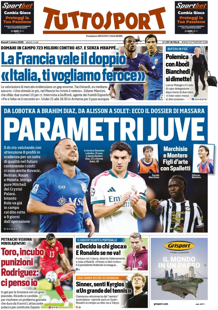 Le prime pagine dei principali quotidiani sportivi – 1 ottobre 2 tuttosport 020304km5aly1